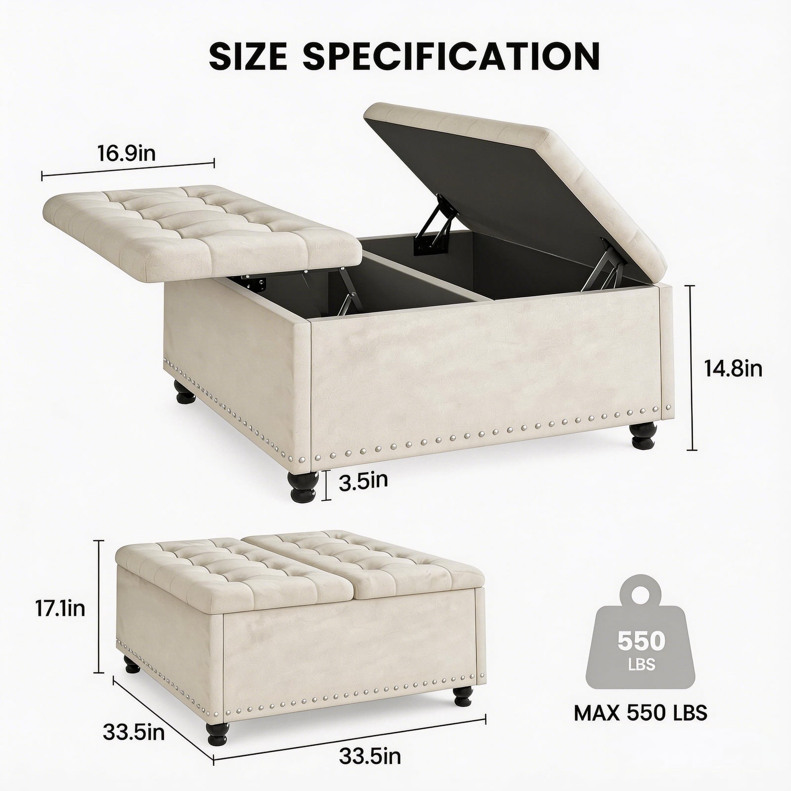 Kbun 33.5 inch Large Square Storage Ottoman, Tufted Upholstered Coffee Table with Lift Top & Solid Wood Legs, Oversized Storage Bench Ottomans Toy Box for Bedroom, Living Room, Entryway, White
