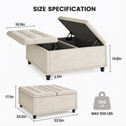 Kbun 33.5 inch Large Square Storage Ottoman, Tufted Upholstered Coffee Table with Lift Top & Solid Wood Legs, Oversized Storage Bench Ottomans Toy Box for Bedroom, Living Room, Entryway, White
