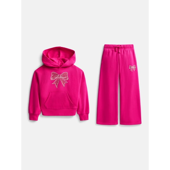Wonder Nation Girls Fleece Hoodie and Wide Leg Sweatpants Set, 2-Piece, Sizes 4-18
