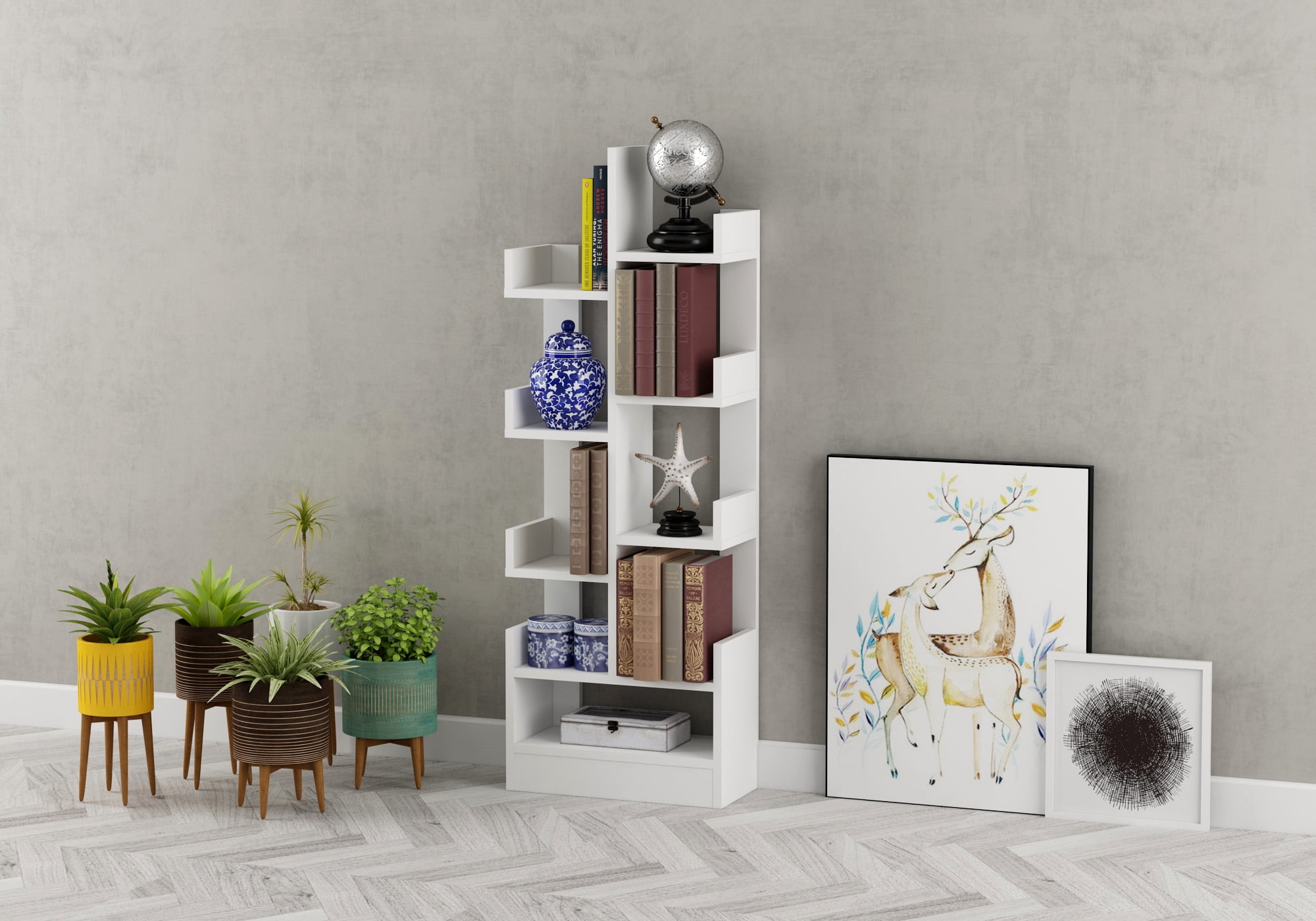 Small White Tree Bookshelf, 9 Compartment Geometric Bookcase, Modern