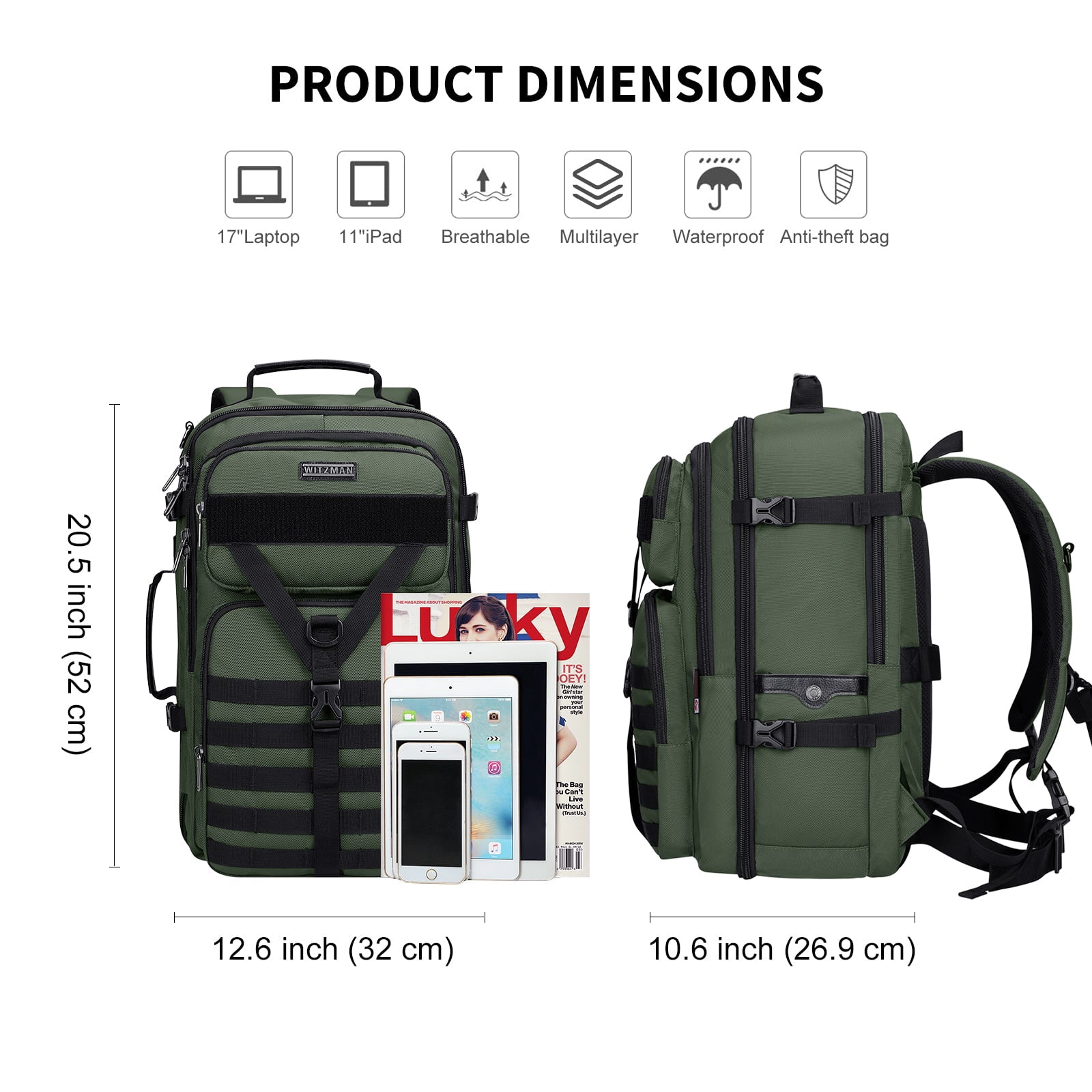 WITZMAN Carry On Travel Backpack for Men Convertible Nylon Backpack 3 in 1 Bag fit 17 Inch Laptop for Airplane 45L,B688 Army Green