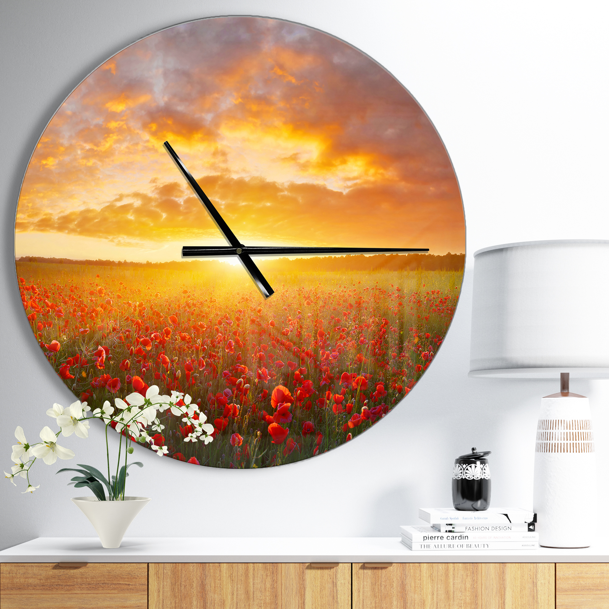 Designart 'Poppy Field under Bright Sunset ' Modern wall clock