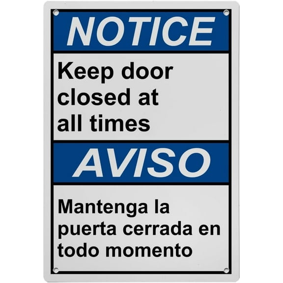 Bilingual Keep Door Closed At All Times Sign (Mantenga la puerta cerrada en todo momento), Industrial Exit Keep Closed Sign 8"x12" UV Resistant for Indoor Outdoor Workplace