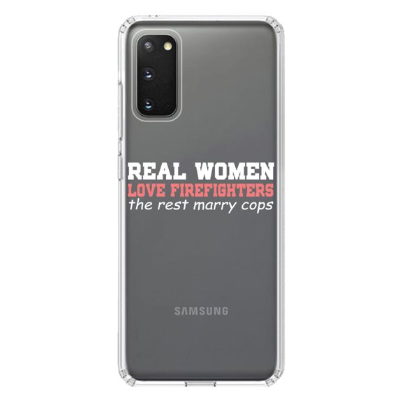 DistinctInk Clear Shockproof Hybrid Case for Galaxy S20 PLUS / 5G (6.7" Screen) - TPU Bumper Acrylic Back Tempered Glass Screen Protector - Real Women Love Firefighters Not Cops