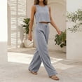 thumbnail image 5 of Textilo Two-Piece Set for Women Cotton Linen Sleeveless Crewneck Crop Top Drawstring Wide Leg Pants Elastic High Waisted Set Travel Lounge Summer Vacation Loose-Fit Walking Tracksuit,Gray 2XL, 5 of 6
