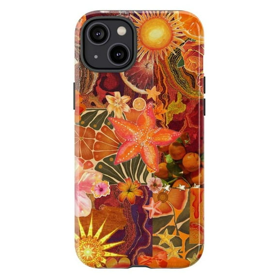 Orange Floral Collage Phone Case, Retro Boho Aesthetic Protective Cover with Sun & Flowers for iPhone 17 16 15 14 13 12 11 Pro Max Plus Mini