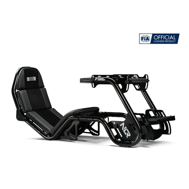 Next Level Racing F-GT Pro black edition racing simulator cockpit featuring a padded seat, adjustable pedal plate, and sturdy tubular steel frame.