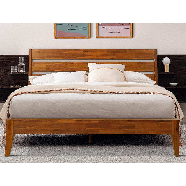Acacia Emery Bed Frame with Headboard Solid Wood Platform Bed, Queen Bed Frame, Scandinavian Signature Wood Bed Compatible with All Mattress Types, Non-Slip and Noise-Free, Caramel