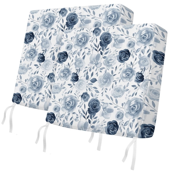 Outdoor Patio Cushion Covers 2 Pack Blue Rose Chair Pads Slipcovers with Ties & Zipper Waterproof Seat Cover Set Watercolor Flowers Leaves Seat Cushion Covers for Outdoor Couch Sofa 20x18 Inch