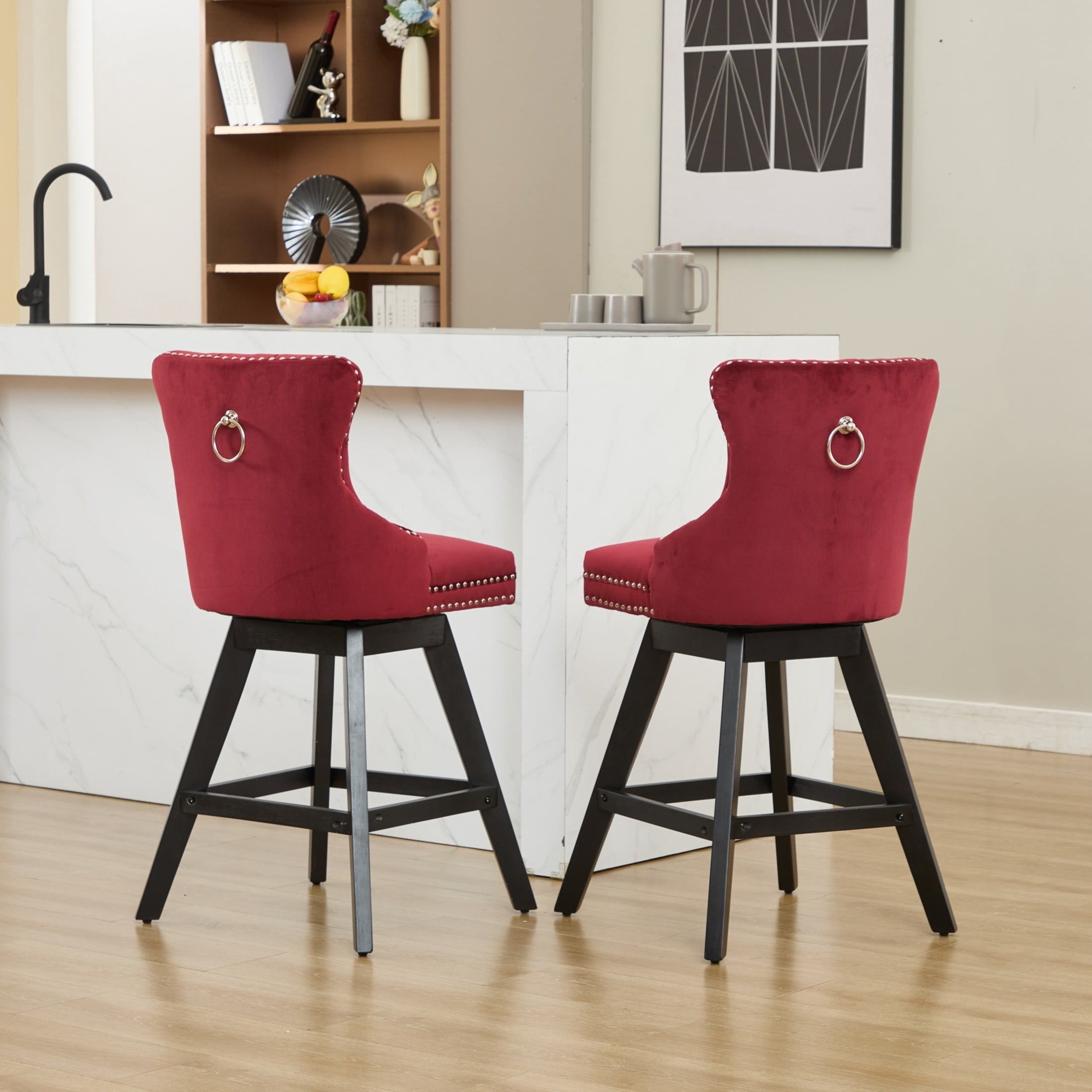 Noble House Set of 2 Velvet Bar Stools, Button Tufted Swivel Bar Chairs, Wine Red