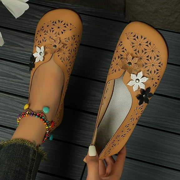 HAOTAGS Womens Casual Sandals Flat Hollow Flower Breathable Summer Comfortable Wide Width Shoes Brown Size 6.5