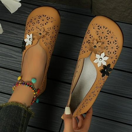 Up to 60% OFF  Women s Casual Summer Shoes  Large Size Ethnic Style  Hollow Flat Bottom  Breathable Shallow Mouth  Flower Design  Comfortable Sandals  For Outdoor  Daily Wear | Brown 43 | Sopatenor