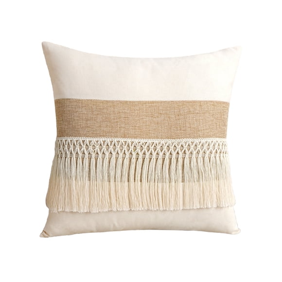 Btomtd Boho Tufted Fringe Throw Pillow Covers Inch Set Of 1 Ne Utral Beige Macrame Cushion Cases With Hand-Woven Tassels Far Mhouse Decor For CouchSofa Bedroom