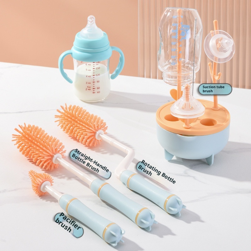 Baby Bottle Drying Rack and Cleaning Set, with Spinning Silicone Baby Bottle Brush, Pacifier Brush, Straw Brush, 2025 Xmas Holiday Surprise Gift for Newmom, blue
