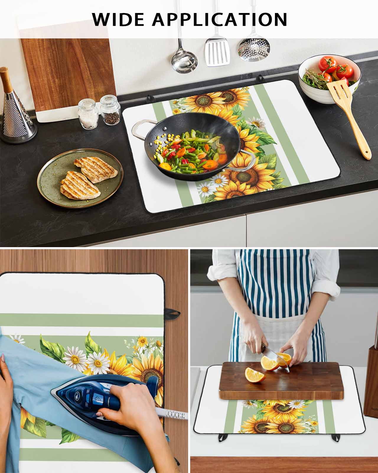 nqOlkjepod Large Induction Cooktop Protector Mat 24"x21", Sunflower Stove Top Covers for Electric Stove, Yellow Summer Flower Sage Green Stripe Stove Burner Cover Mats, Glass Top Stove Cover