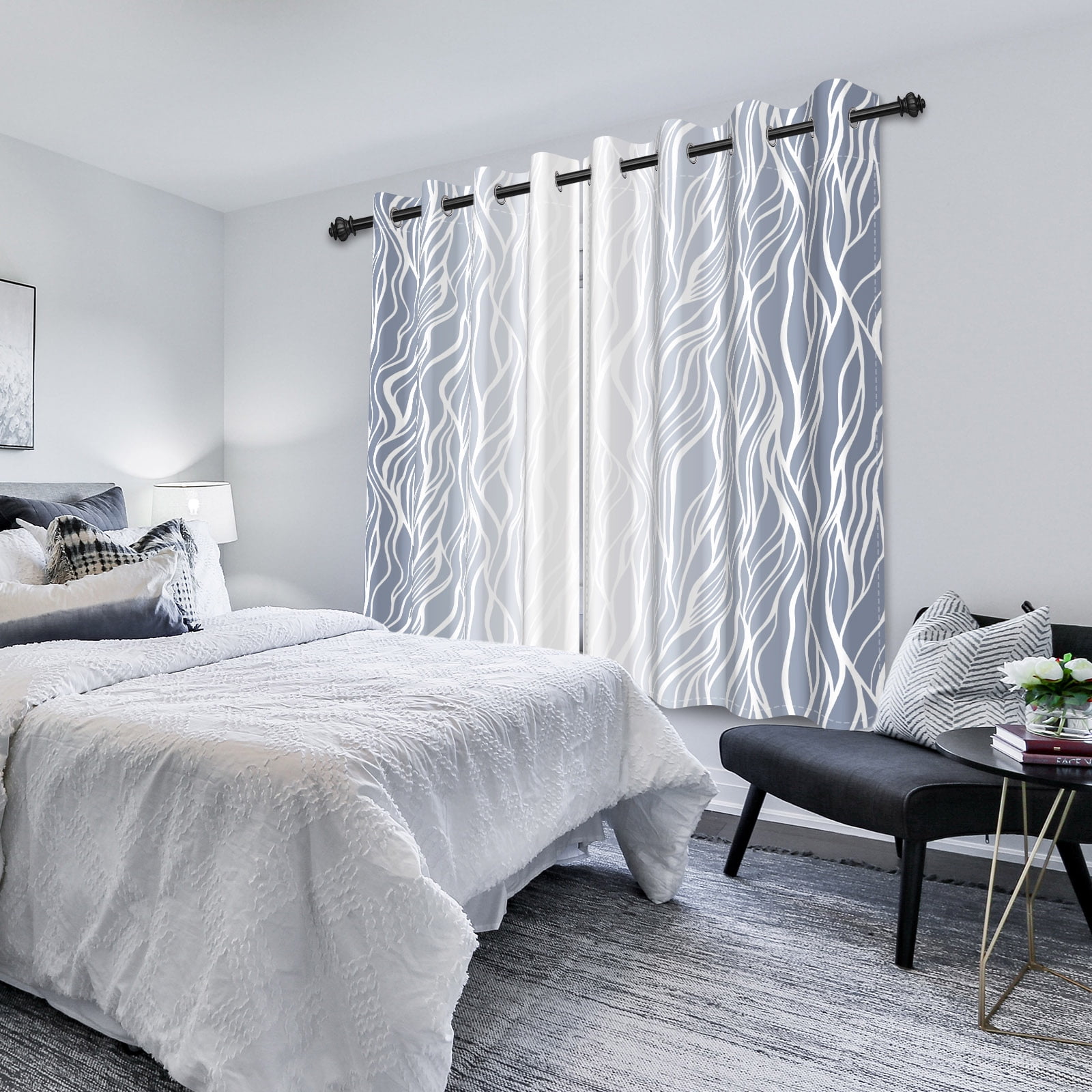 Nanqianyi Light Grey Blackout Curtains 42 X 63 Inch Length 2 Panels, White Wave Line Ombre Thermal Insulated Drapes for Bedroom, Living Room