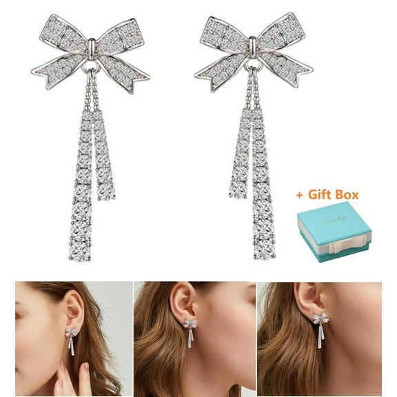 Bow Knot Dangle Drop Stud Earrings with Synthetic Cubic Zirconia 925 Sterling Silver Needle, for Women Bridal Wedding Holiday Earring Studs Gift for Her, Silver