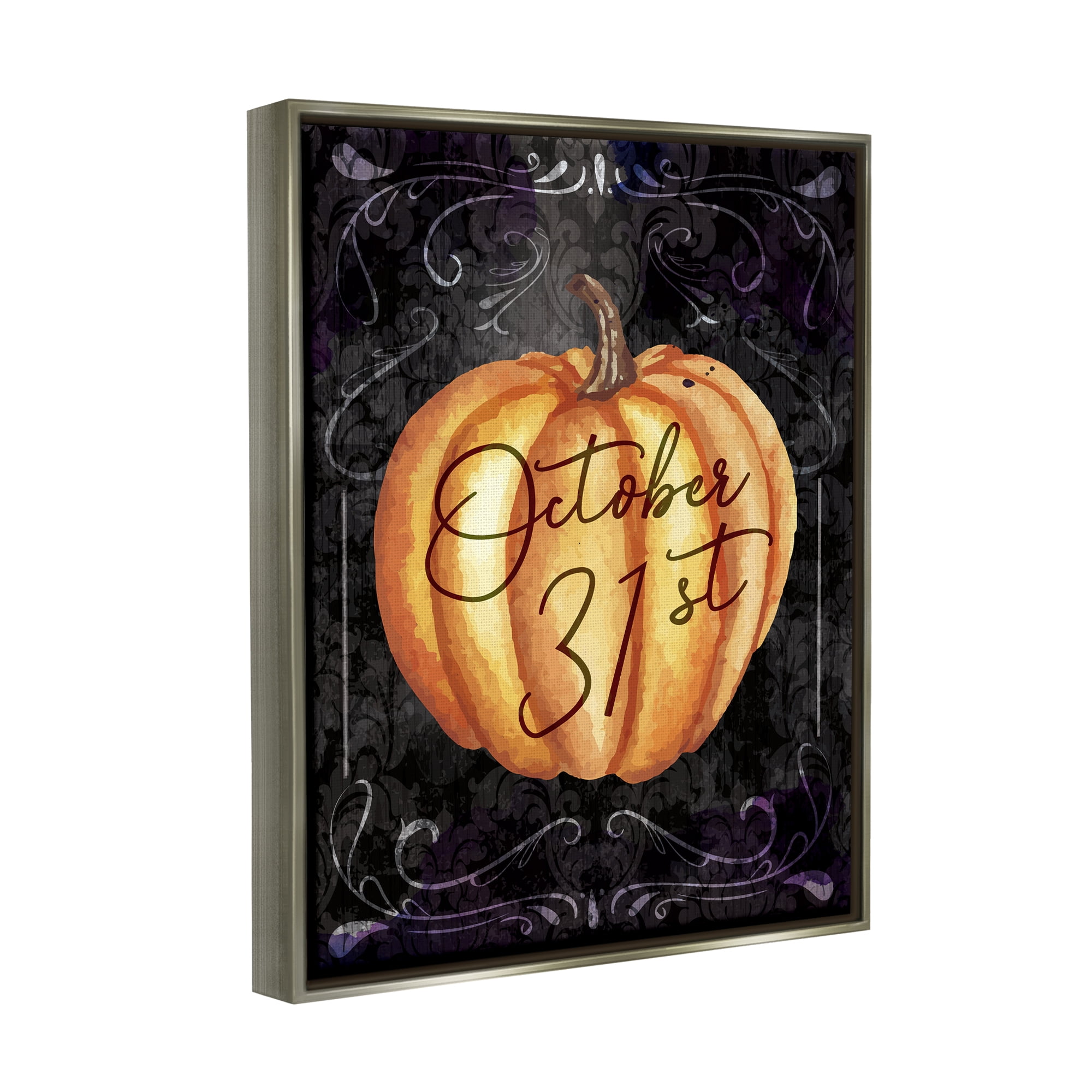 Stupell Industries October 31st Halloween Pumpkin Holiday Painting Gray Floater Framed Art Print Wall Art