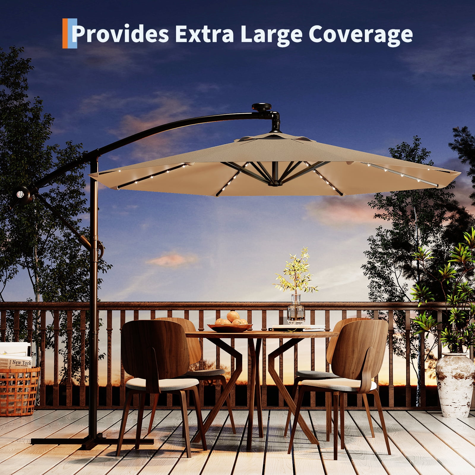 Wildbreak 10 ft Offset Hanging Market Patio Umbrella, with Solar LED, Easy Tilt Adjustment, Tan