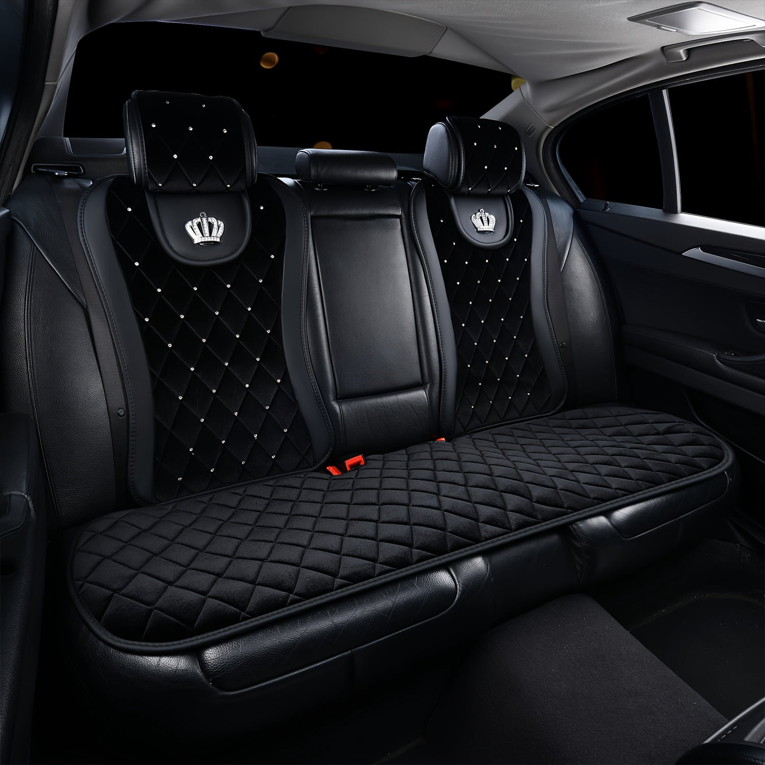 Universal Luxury Car Seat Covers, Front & Rear Cushion with Sparkling Rhinestone Inlaid Queen Crown, Premium Bling Car Interior Accessories