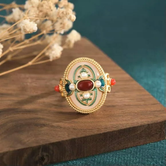 HOOUN White Natural Jade Flower Rings 18K Gold Plated Adjustable Ring Real Jewelry