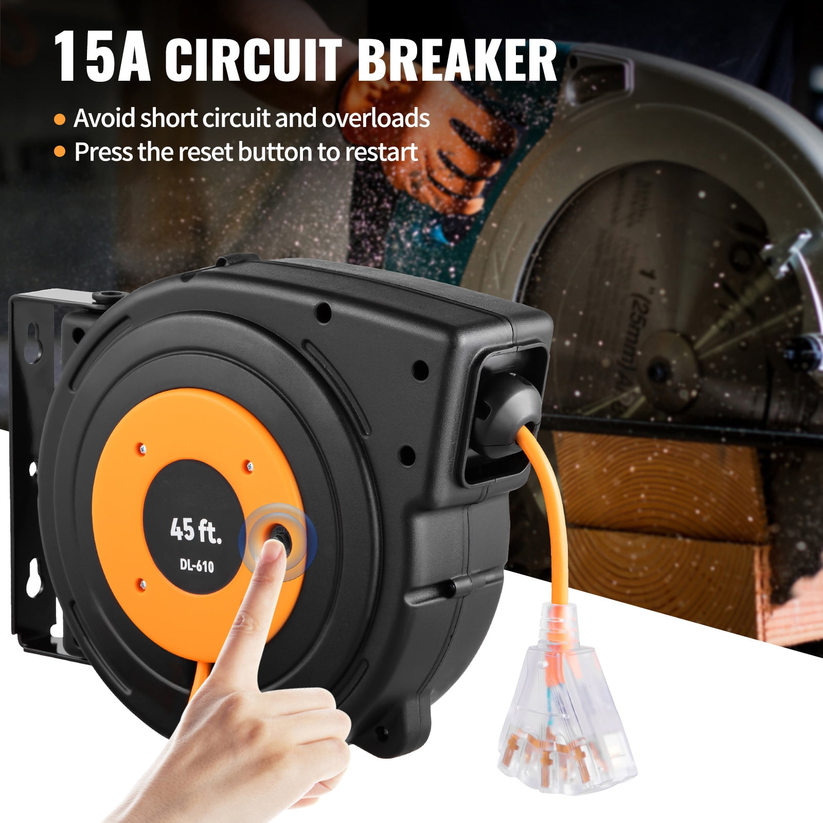 Bentism Retractable Extension Cord Reel, 45 ft, Heavy Duty 12awg/3c Sjtow Power Cord, 15 Amp Circuit Breaker, 180 , Multicolor.
