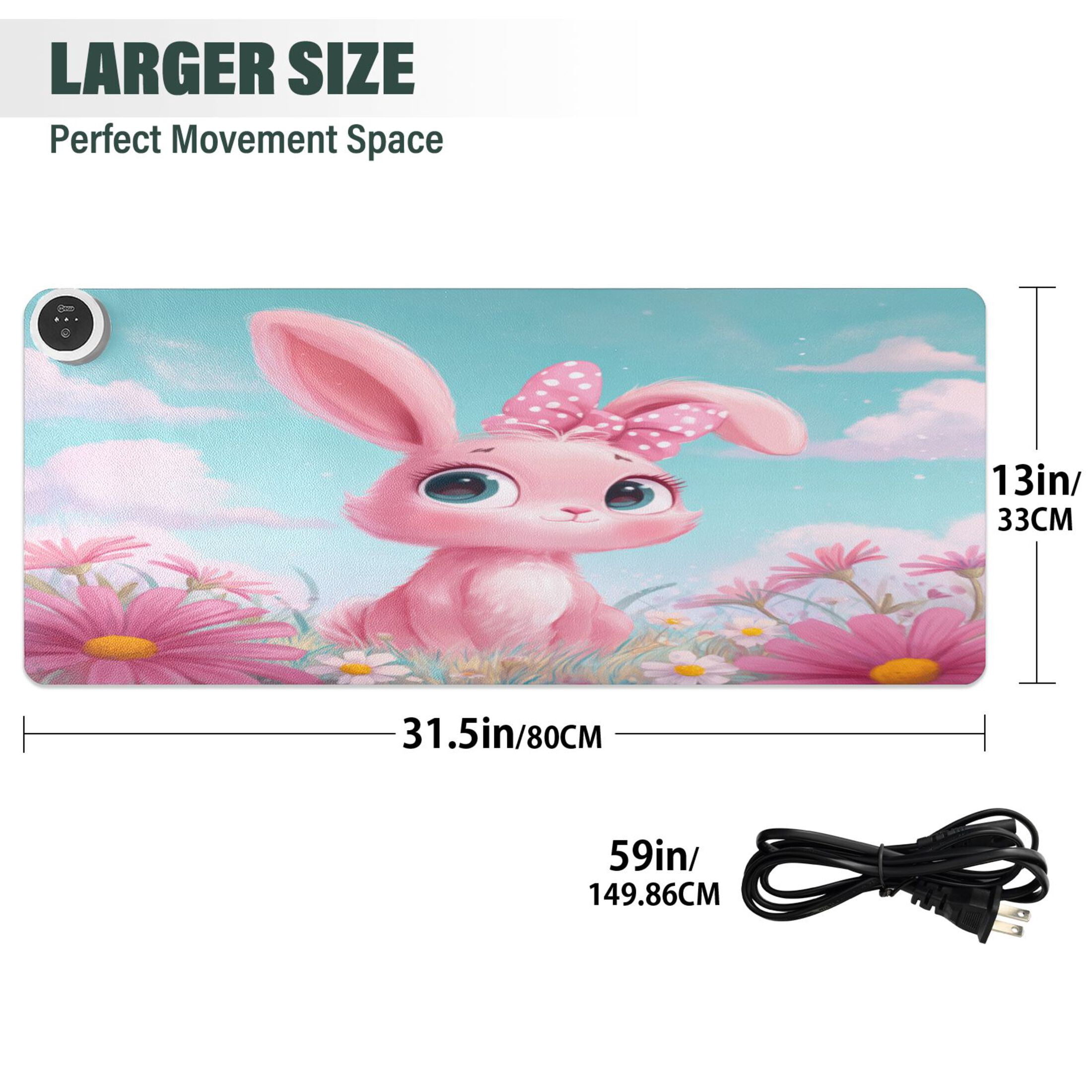 Large Heated Desk Mat Mouse Pad 31.5"x13"PU Leather Graphene Heating Desk Warmer with 3 Temperature Settings 110V US Plug Non-Slip Warm Pad for Home, Office, and Gaming Soft Pink Bunny Illustration