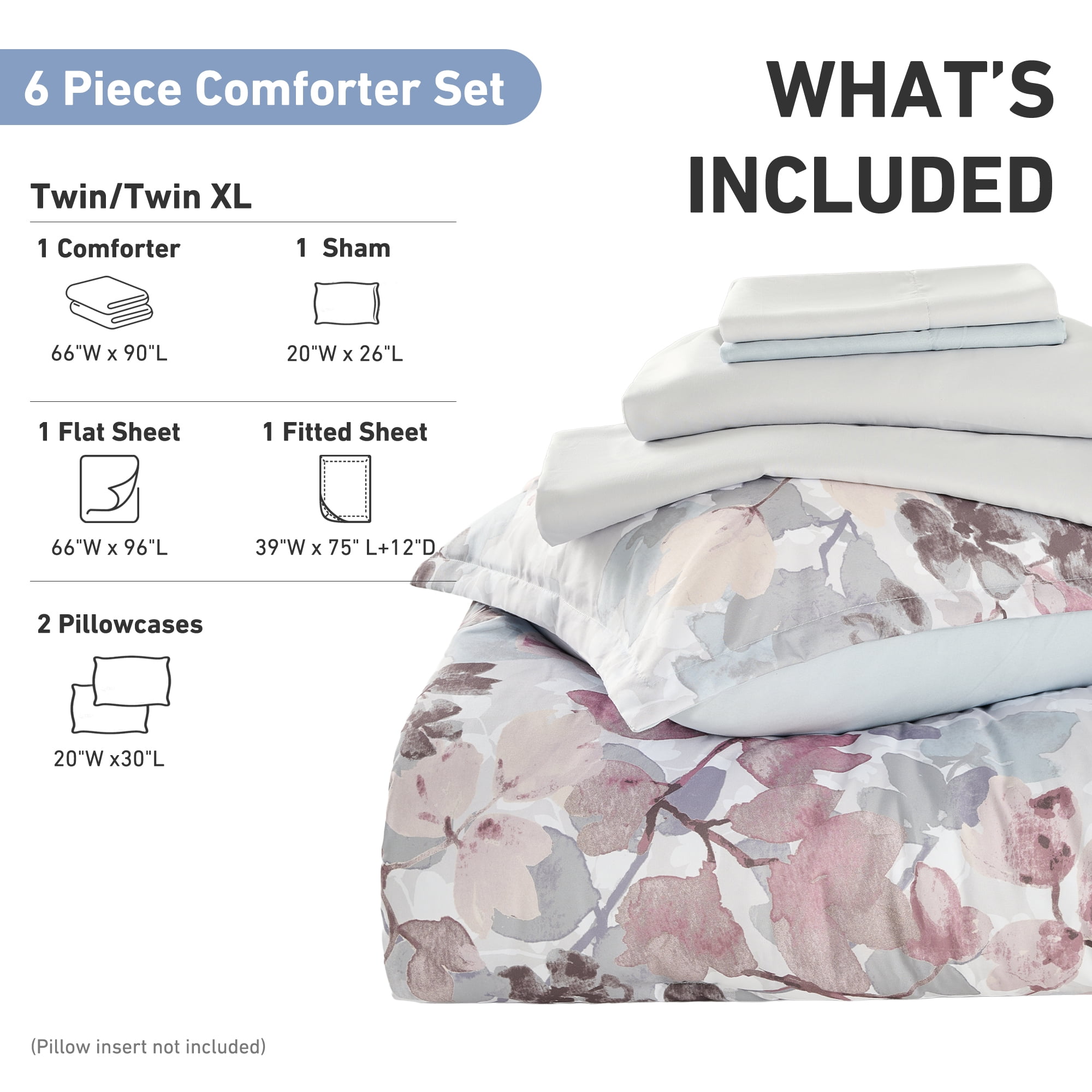 Regency Heights Twin XL Size Comforter Sets, Blush Bed in a Bag Twin XL, Botanical Bedding Comforter Set with Bed Sheets and Side Pockets, 6 Pieces