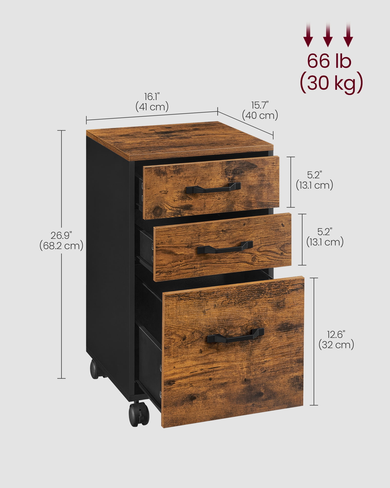 3 - Drawer File Cabinet for Home Office, Equipped with wheels,Suitable for A4 documents and hanging file folders,Rustic Brown and Ink Black