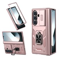 Dteck for Samsung Galaxy Z Fold 7 2025 Case, Heavy Duty Protective Slide Lens Cover Hinge Protection 360 Degree Ring Magnetic Kickstand Rugged Shockproof Full Protective Phone Cover, Rosegold