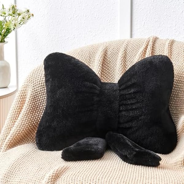 wonima44 Black Bow Pillow,12'' Bow Decorative Pillows with Faux Rabbit Fur,Soft Bow Throw Pillows Aesthetic Bow Shaped Pillow for Bed Sofa Couch Home Decor