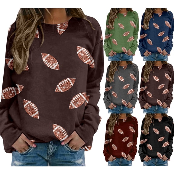 CAIXIA Football Cotton Sweatshirts for Women Classic-Fit Comfort Crew Neck Shirt Top Long Sleeve Pullover Blouse Printed Sweater for Women Fall Fall Travel Outfits