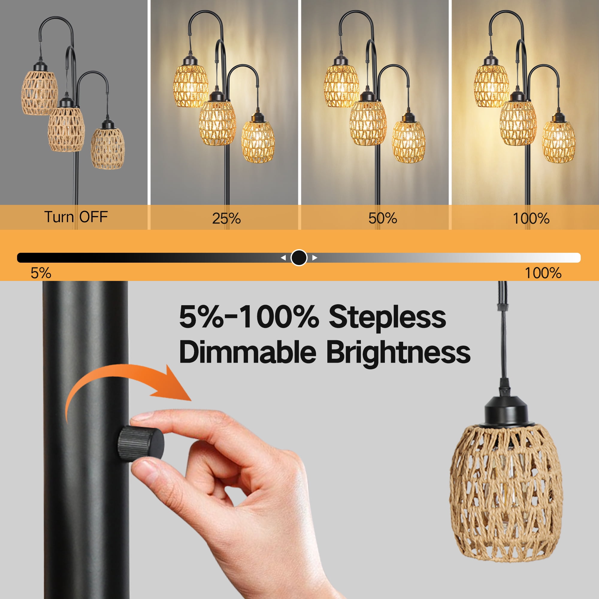 OUTON 69'' Tree Floor Lamp for Living Room Clearance, 3 Light Dimmable Tall Standing Lamp with Rattan Lampshade, Farmhouse Floor Lamp with 3 LED Bulbs for Bedroom Office, Boho