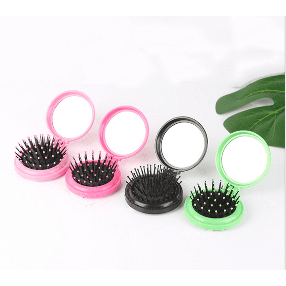 4-Piece Folding Travel Mirror Hair Brushes Set, Round Mirror and Folding Pocket Hair Brush with Mini Hair Comb, Compact Travel Size Hair Massage Comb for Women and Girls