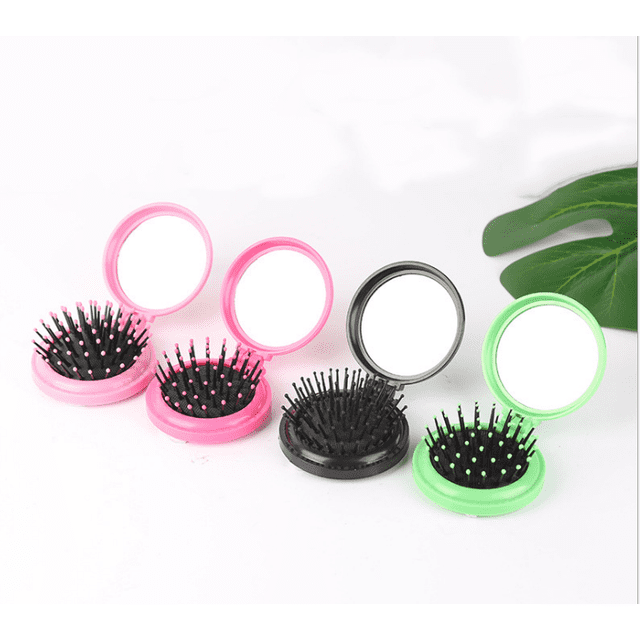 Peine de espejo plegable redondo de plástico portátil, 4 Uds., rosa, rojo, negro, verde Fokelyi ZJWJ327