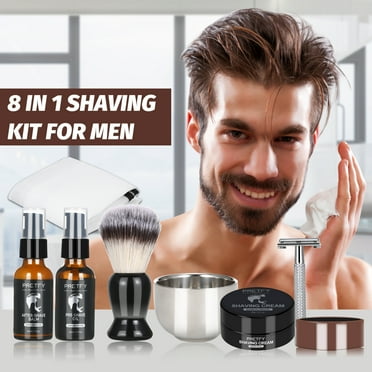 Pretfy Shaving Kit for Men, 8 in 1 Beard Care Kit with Sandalwood Shaving Cream, Pre Shave Oil, Aftershave Balm, Safety Razor, Shaving Soap, Shaving Apron, Best Gifts for Men