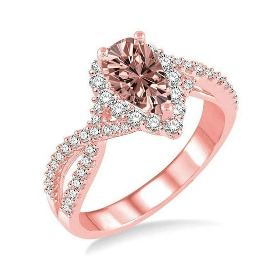 Design 1.50 Carat Pear cut Morganite and Diamond Halo Engagement Ring in 14k Rose Gold morganite & diamond engagement ring