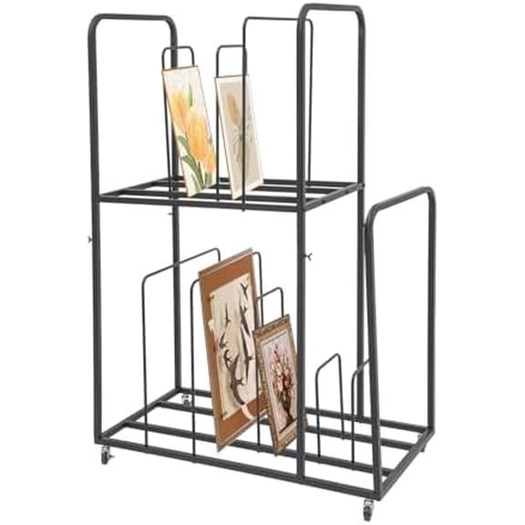 Artwork Storage Rack, 2-Tier 4 Universal Wheels (2 Equipped with Braking Function) Mobile Iron Canvas Storage Display Rack with Armrests for Canvas Board Drawing Board Panel Paper Pad for Art Studios