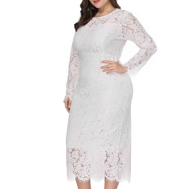 Robes Grande Taille pour Femmes Mode Dentelle Ajourée Longue Robe Manches Longues Robe de Soirée Robe de Fête en Liquidation