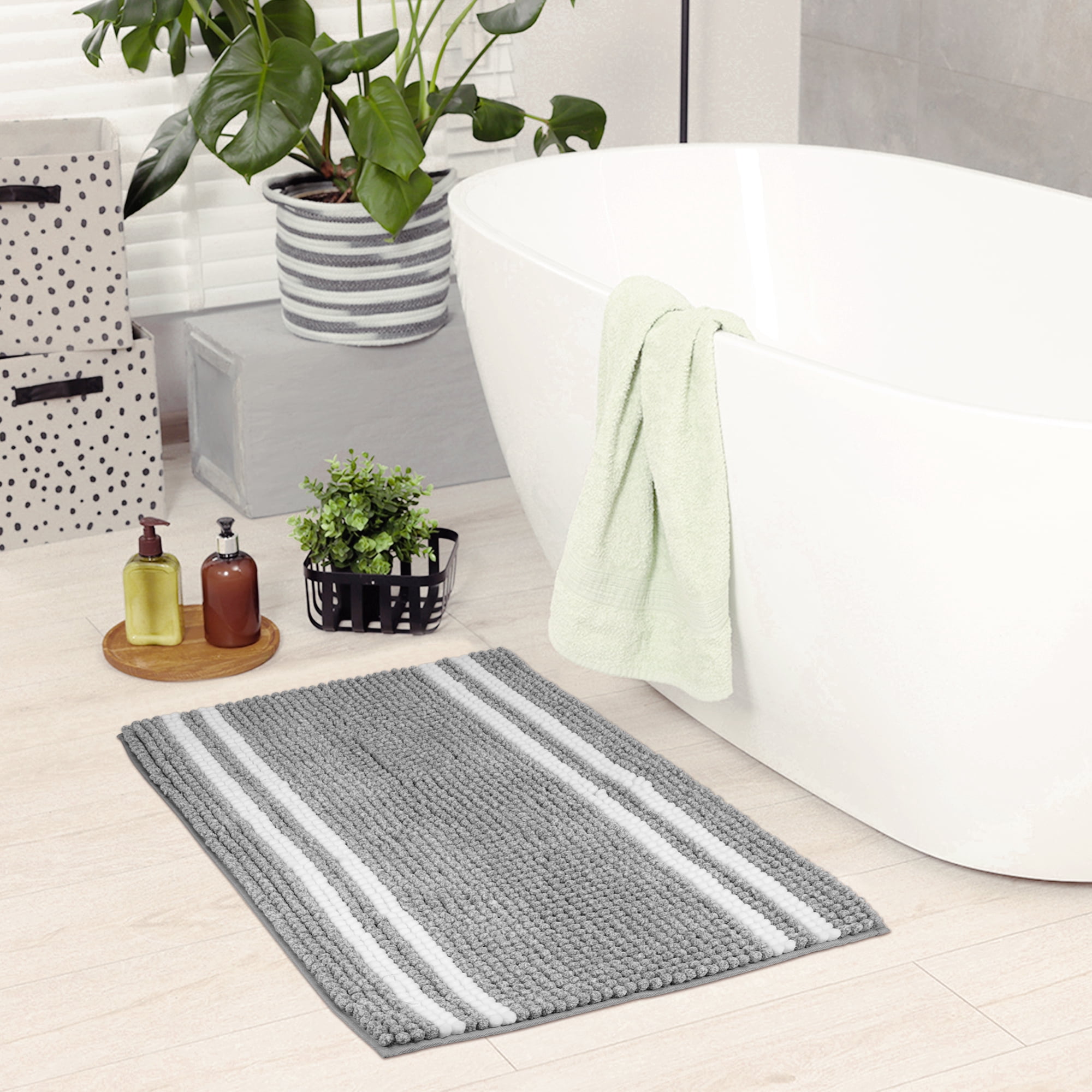 Unique Bargains Striped Bathroom Rugs Soft Fluffy Chenille Bath Rugs Grey 20" x 32"