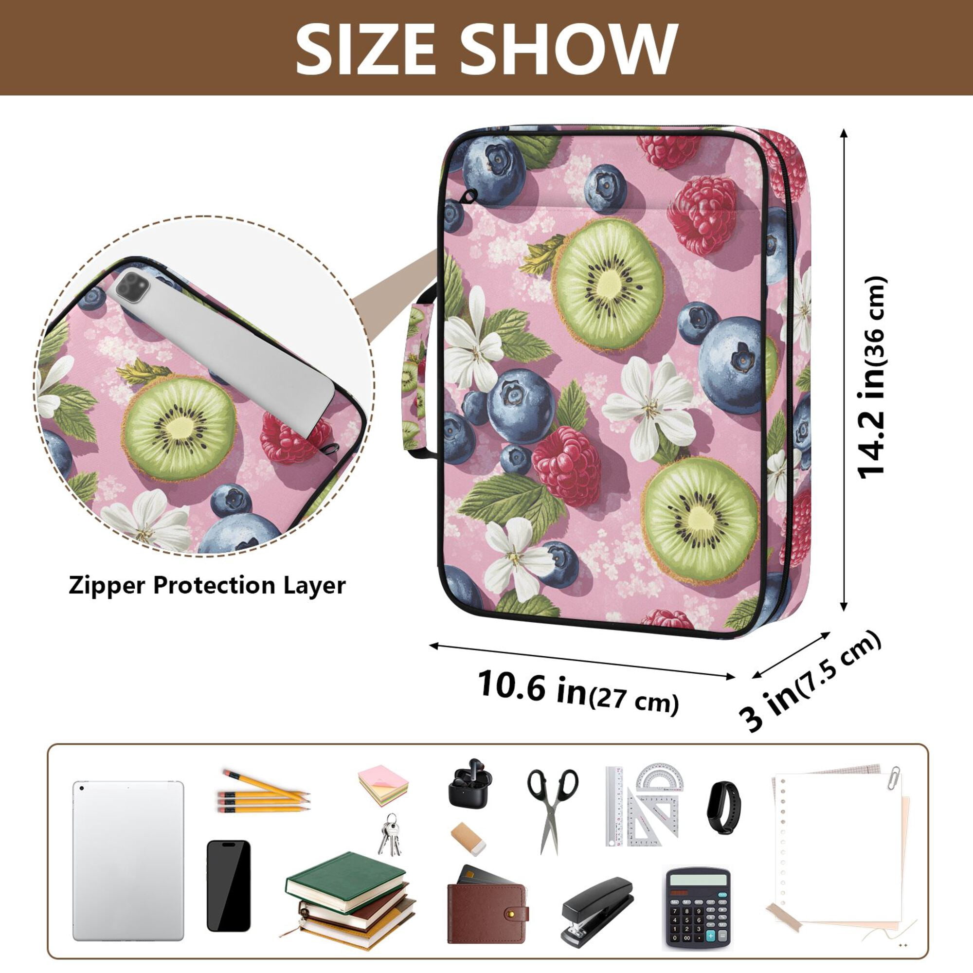 FORMRS Accordion File Folder A4 Size 7-Pocket Expanding Document Organizer Bag with 3 Ring Binder, Pink Blueberries