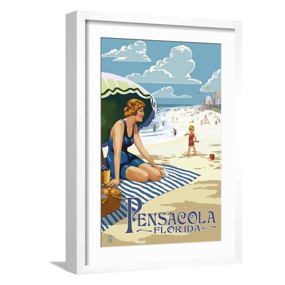 Art.com Pensacola, Florida - Woman on the Beach Art Print by Lantern Press, White Frame Wall Art, 17" x 23"