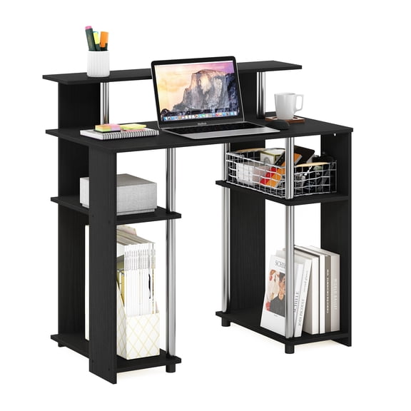 Furinno Jaya 35.3 Inch Black Computer Desk with Raised Hutch and Open Shelf, Gaming Desk, Office Desk for Home Office, Bedroom, Dark Americano/Stainless Steel