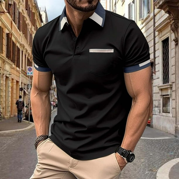 pstuiky camiseta de hombre, Camiseta de moda para hombre, informal, de color liso, con botones y bolsillos, con solapa, versátil. ropa de hombre xxl