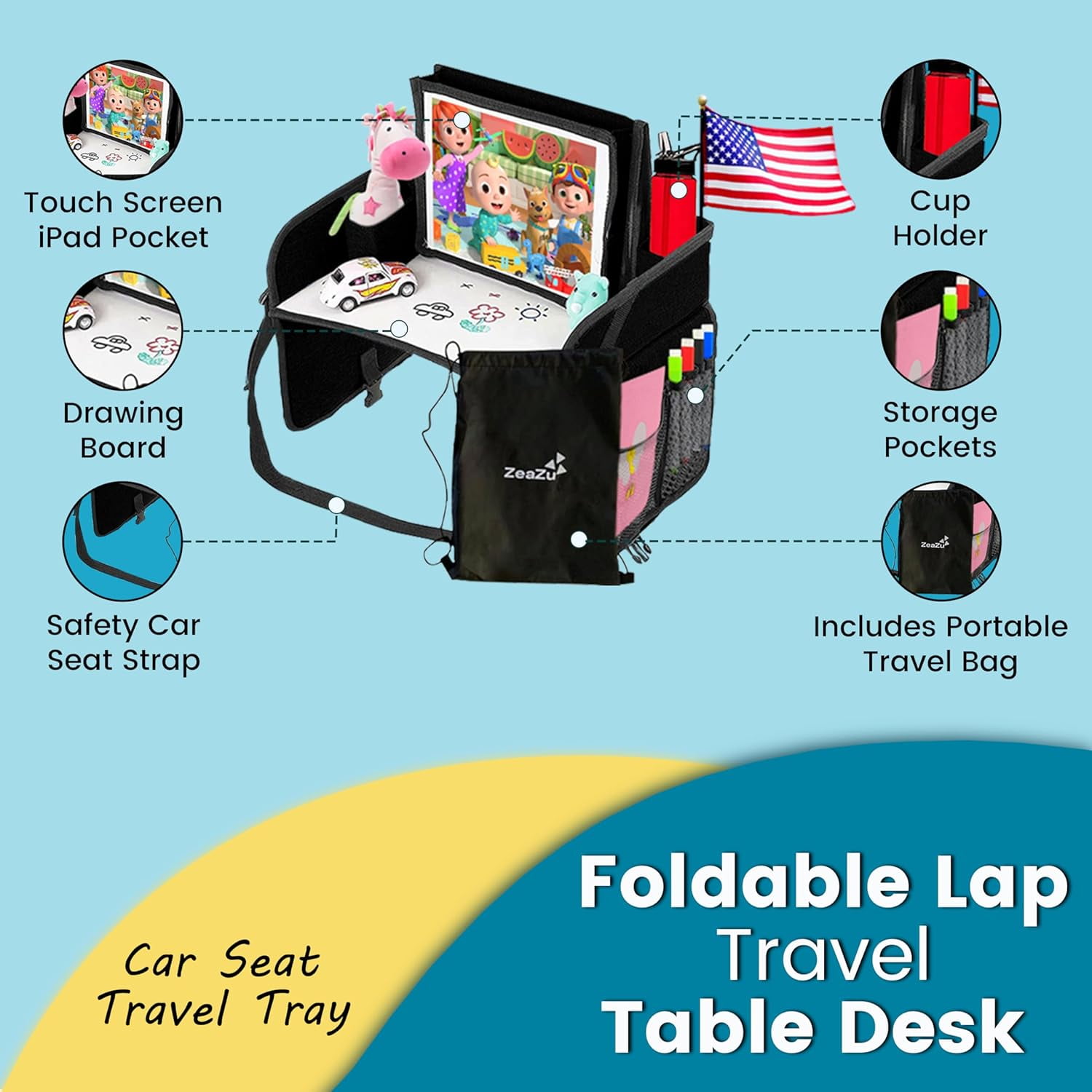 ZEAZU Kids Travel Tray with Bag - Toddler Car Seat Tray, Foldable Lap Travel Table Desk with iPad Holder, Drawing Board, Storage Pocket Organizer for Child Road Trip, Car Stroller, Airplane - Black