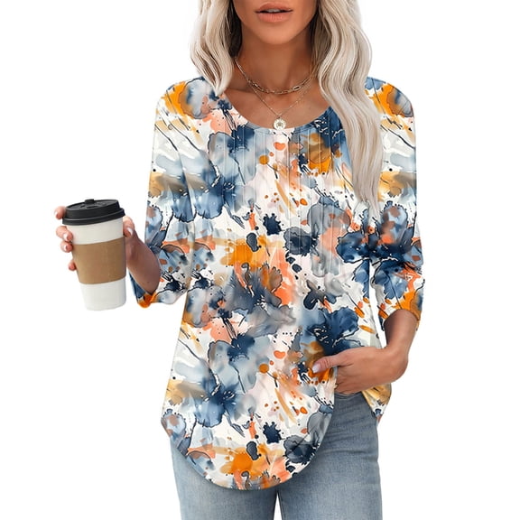 ALLLIST Women's Tops 3/4 Sleeve Summer Crew Neck Blouse Trendy Floral Pleated Pullover Clothing for Ladies