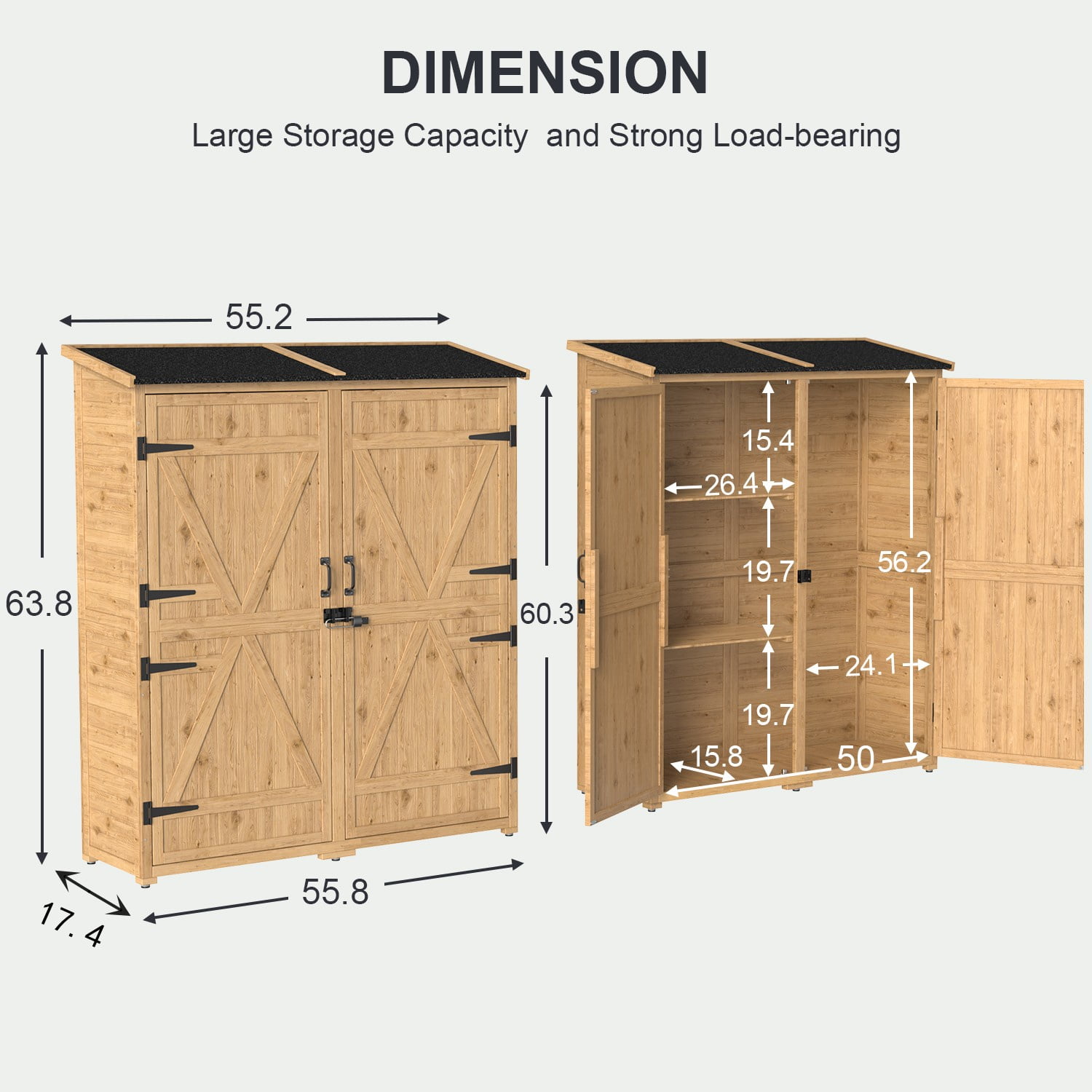 Lofka Wooden Outdoor Storage Shed with Asphalt Roof, Solid Fir Wood Garden Cabinet, Natural