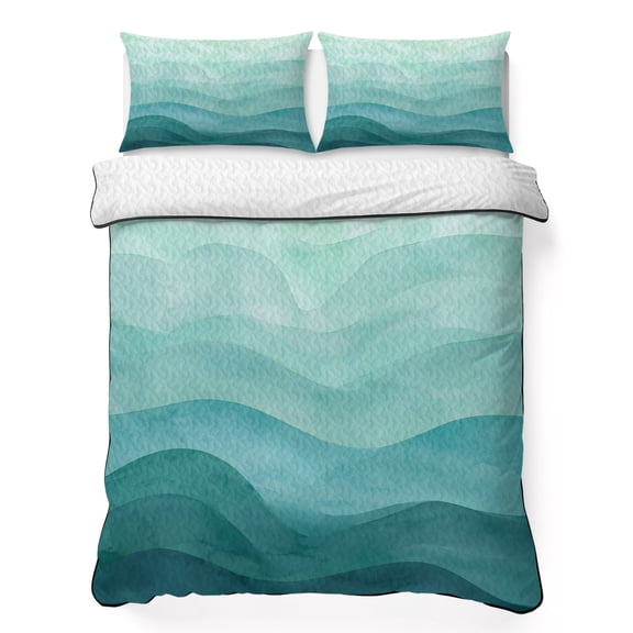 Quilts Queen Size Bedding Set, Teal Green Ombre Lightweight Quilted Comforter, Abstract Art Ocean Waves Gradient Soft Reversible Bedspread Coverlet with Pillow Covers for All Season, 90" x 96"