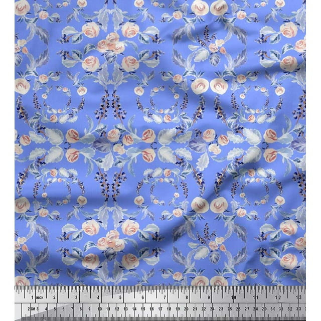 Soimoi Silk Fabric Wreath,Leaves & Denmark Rose Floral Print Sewing Fabric Yard 42 Inch Wide