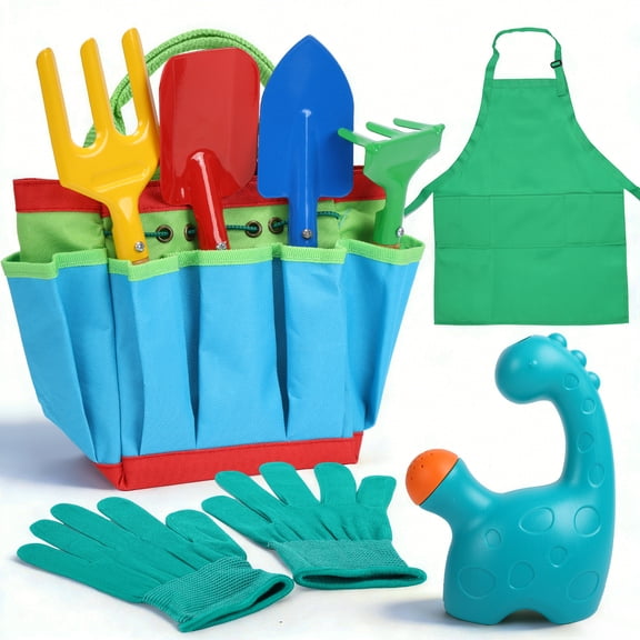 JoyStone Kids Gardening Set with Dinosaur Watering Can, Apron, Gloves & Tote Bag, Outdoor Pretend Play Garden Tools for Toddlers, Boys & Girls Ages 3
